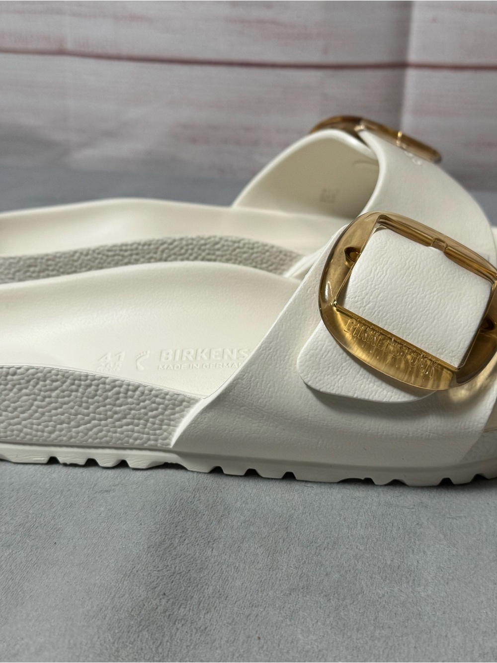 Birkenstock White Madrid EVA Slide with Gold Buckles - Picture 3 of 9